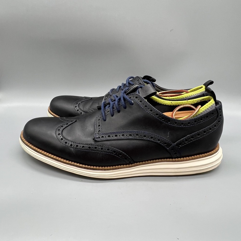 Cole Haan Shoes Mens 10.5 Navy Blue Leather Grand OS Wingtip Oxford Dress Brogue - Picture 4 of 11